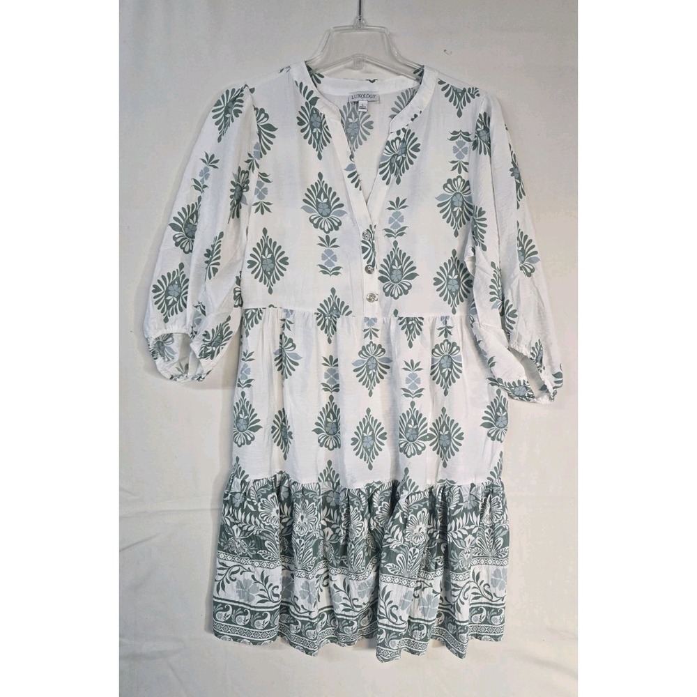 luxology dress Women's L Tiered Floral Green White NWT